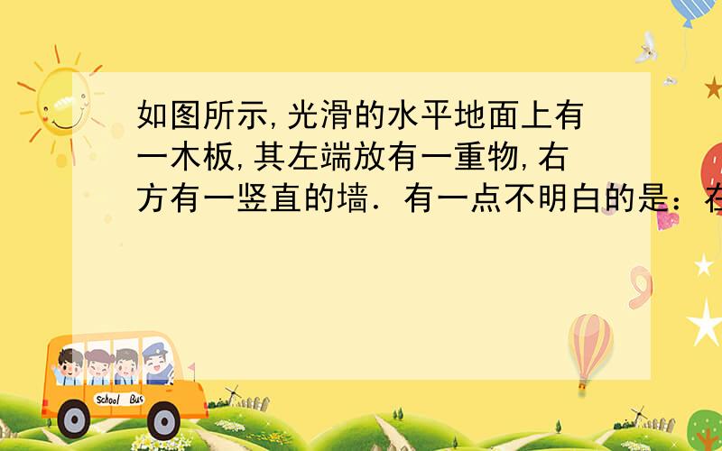 如图所示,光滑的水平地面上有一木板,其左端放有一重物,右方有一竖直的墙．有一点不明白的是：在第一次碰撞之后,木板做匀减速运动时,重物不应该也做反向的匀减速运动吗?如果是这样的