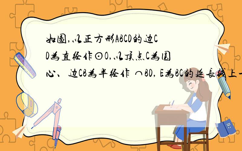 如图,以正方形ABCD的边CD为直径作⊙O,以顶点C为圆心、边CB为半径作 ⌒BD, E为BC的延长线上一点,且CD、CE的长恰为方程x2－2(根号3＋1)x＋43＝0的两根,其中CD＜CE．连结DE交⊙O于点F．（1）求DF的长