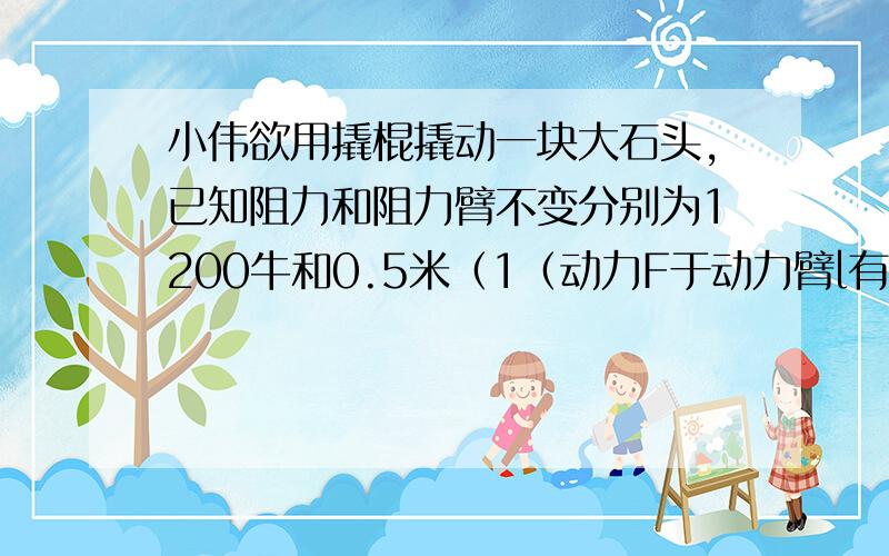 小伟欲用撬棍撬动一块大石头,已知阻力和阻力臂不变分别为1200牛和0.5米（1（动力F于动力臂l有怎样的函数关系?当动力臂为1.5米时,撬动石头至少需要多大的力（2）若想使动力F不超过题（1）