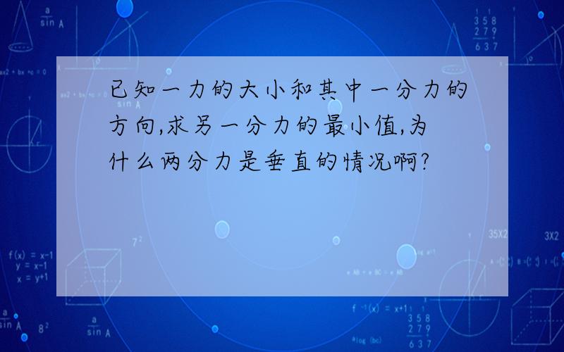 已知一力的大小和其中一分力的方向,求另一分力的最小值,为什么两分力是垂直的情况啊?