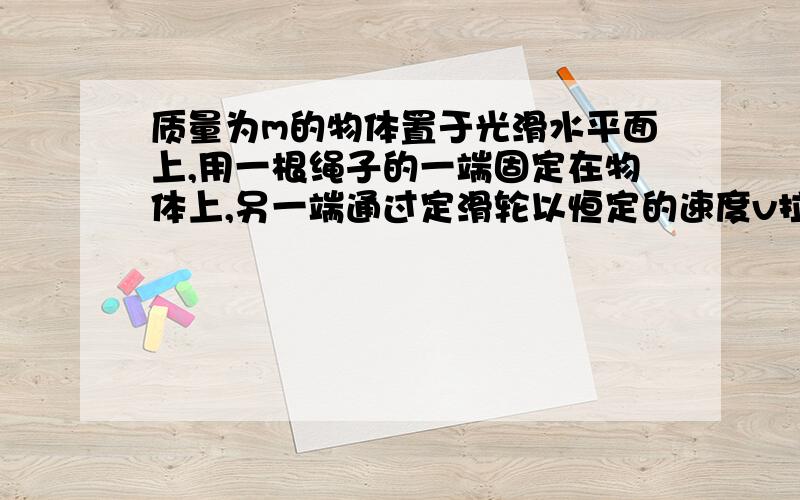 质量为m的物体置于光滑水平面上,用一根绳子的一端固定在物体上,另一端通过定滑轮以恒定的速度v拉动绳头,物体由静止开始运动,当绳子与水平面夹角为60度时,绳中的拉力对物体做了多少功