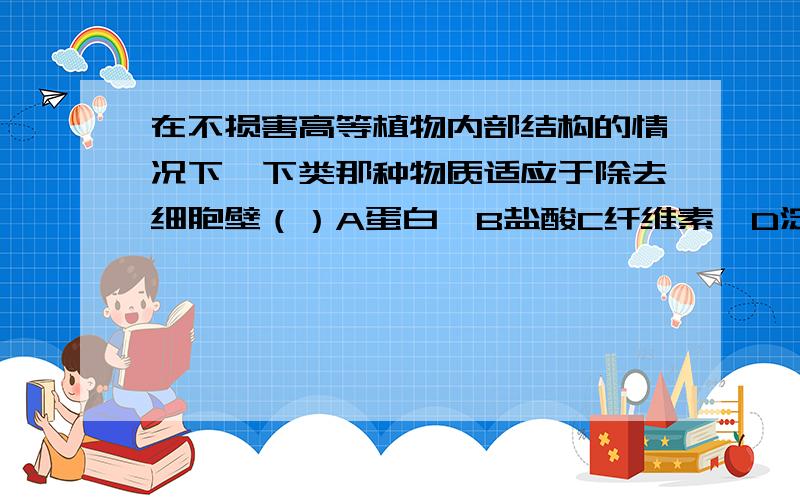 在不损害高等植物内部结构的情况下,下类那种物质适应于除去细胞壁（）A蛋白酶B盐酸C纤维素酶D淀粉酶请赶快给我答案，谢谢啦