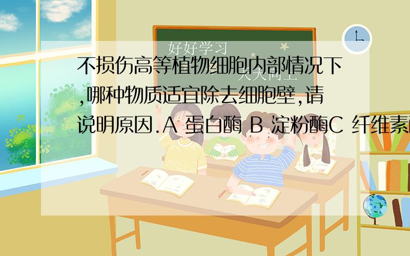 不损伤高等植物细胞内部情况下,哪种物质适宜除去细胞壁,请说明原因.A 蛋白酶 B 淀粉酶C 纤维素酶请说明原因