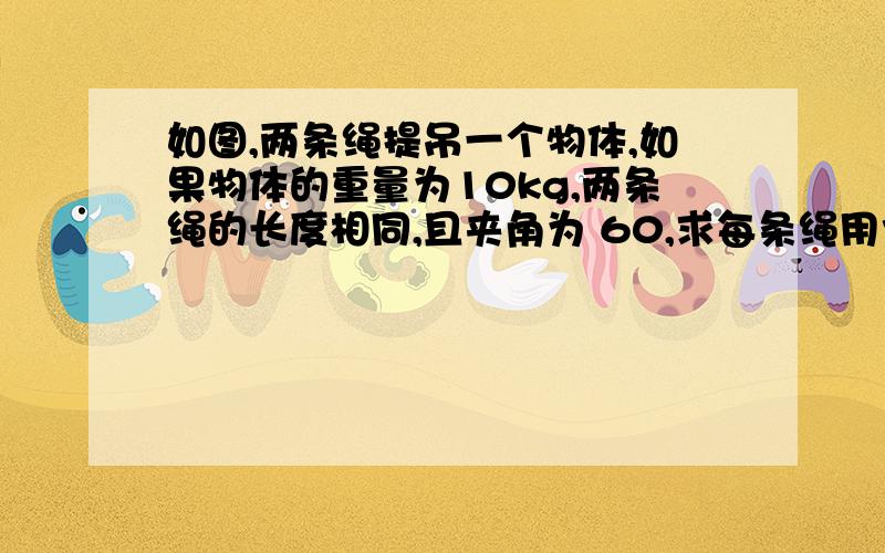 如图,两条绳提吊一个物体,如果物体的重量为10kg,两条绳的长度相同,且夹角为 60,求每条绳用力的大小.