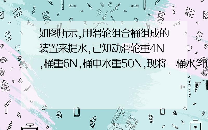 如图所示,用滑轮组合桶组成的装置来提水,已知动滑轮重4N,桶重6N,桶中水重50N,现将一桶水匀速提升了10m不计绳重和摩擦（1）拉力做功是多少?（2）该滑轮组的效率是多少?（3）该装置的效率