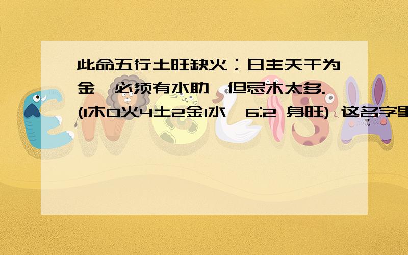 此命五行土旺缺火；日主天干为金,必须有水助,但忌木太多.(1木0火4土2金1水,6:2 身旺) 这名字里到底应该是补火还是补水啊 搞糊涂了,按理说应该补火,可是为什么又说必须有水助呢?腊月15生的