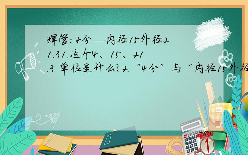 焊管：4分--内径15外径21.31.这个4、15、21.3 单位是什么?2.“4分”与“内径15外径21.3”这个是怎么转换的?3.这个规格的厚度是：1.5-1.8-2.0-2.2-2.5-2.75（21.3-15）/2=3.15 这个怎么计算壁厚的