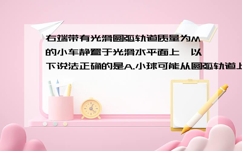 右端带有光滑圆弧轨道质量为M的小车静置于光滑水平面上,以下说法正确的是A.小球可能从圆弧轨道上端抛出而不再回到小车B.小球可能离开小车水平向左做平抛运动C.小球可能离开小车做自