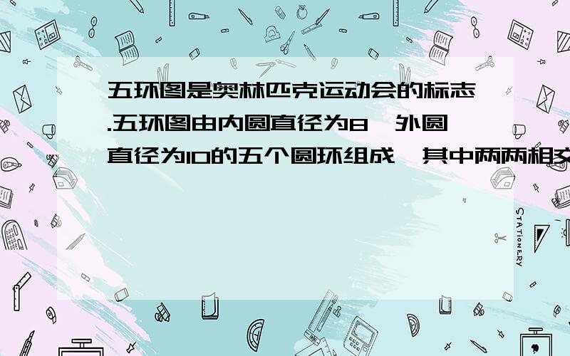 五环图是奥林匹克运动会的标志.五环图由内圆直径为8,外圆直径为10的五个圆环组成,其中两两相交的小曲边四边形的面积都相等,已知五个圆环盖住的总面积是122.5,求每个小曲边四边形的面积