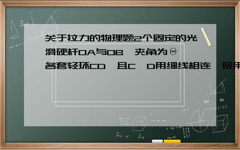 关于拉力的物理题2个固定的光滑硬杆OA与OB,夹角为Θ,各套轻环CD,且C,D用细线相连,现用一恒力F沿OB方向拉环C,当两环平衡时,绳子的拉力是多大?