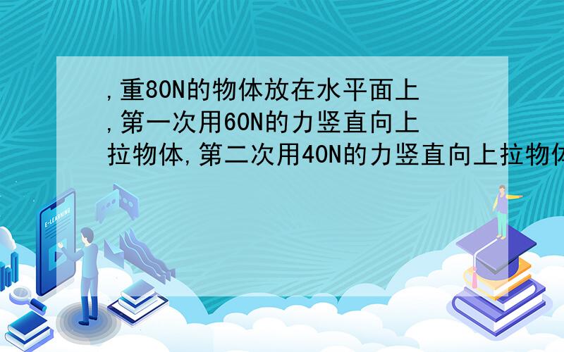 ,重80N的物体放在水平面上,第一次用60N的力竖直向上拉物体,第二次用40N的力竖直向上拉物体,比较物体受到的合力 A．第一次物体受到的合力大,等于140N B．第二次物体受到的合力大,等于40N C．