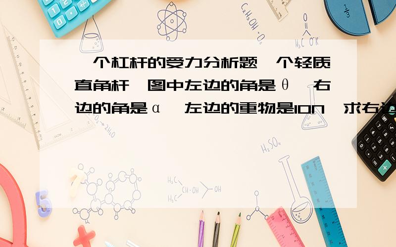 一个杠杆的受力分析题一个轻质直角杆,图中左边的角是θ,右边的角是α,左边的重物是10N,求右边的重物的质量.说思路也可以