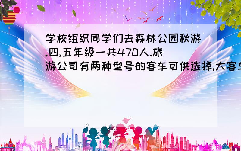 学校组织同学们去森林公园秋游.四,五年级一共470人.旅游公司有两种型号的客车可供选择,大客车50个座位,租金500元/天;小客车20个座位,租金260元/天,请设计一个合理的租车方案,并算出租金.