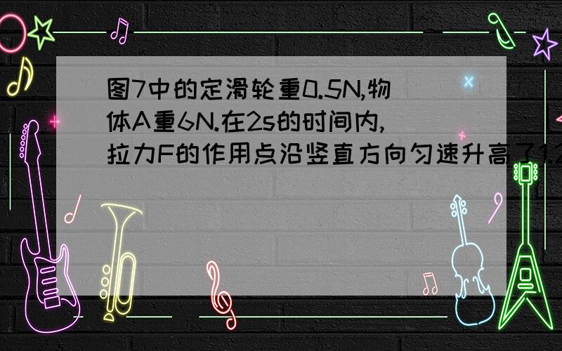 图7中的定滑轮重0.5N,物体A重6N.在2s的时间内,拉力F的作用点沿竖直方向匀速升高了1.2m,这个过程中,拉力F所做的额外功是0.36J.不计滑轮轴摩擦和绳重,以下计算结果正确的是A．动滑轮和托板总