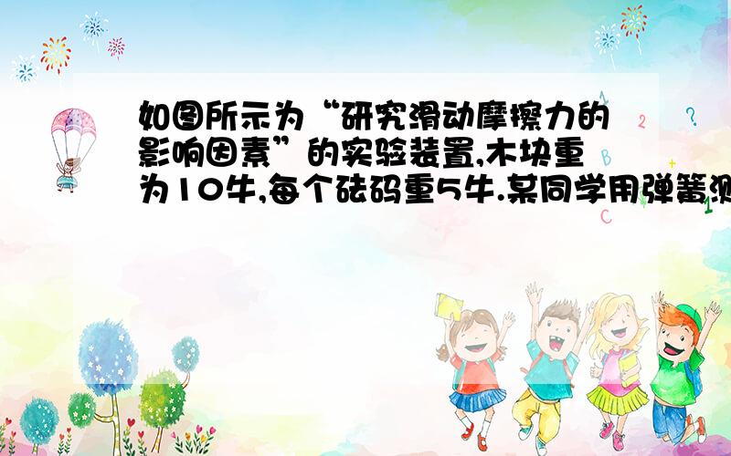 如图所示为“研究滑动摩擦力的影响因素”的实验装置,木块重为10牛,每个砝码重5牛.某同学用弹簧测力计拉木块,先使木块做匀速直线运动,然后在木块上逐渐添加砝码,仍使物体做匀速直线运