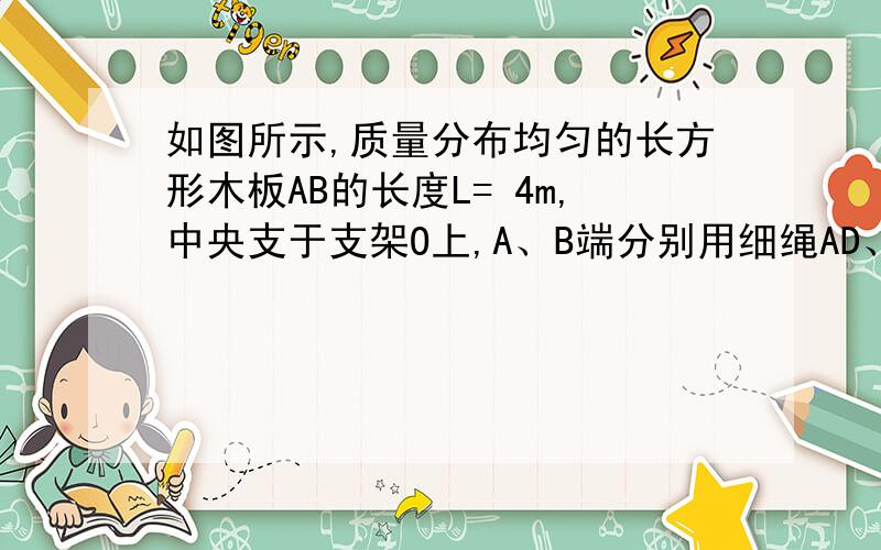 如图所示,质量分布均匀的长方形木板AB的长度L= 4m,中央支于支架O上,A、B端分别用细绳AD、BC系于天花板如图所示，质量分布均匀的长方形木板AB的长度L= 4m, 中央支于支架O上，A、B端分别用细