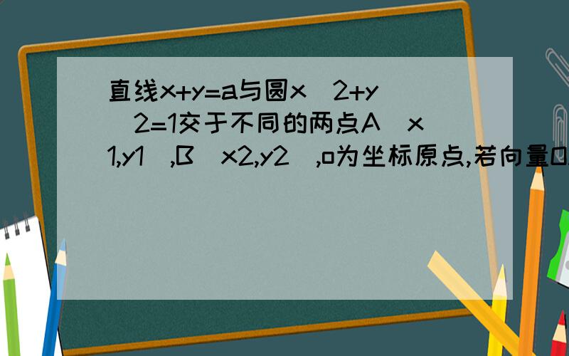 直线x+y=a与圆x^2+y^2=1交于不同的两点A（x1,y1）,B(x2,y2),o为坐标原点,若向量OA*向量OB=a,则实数a的值是?