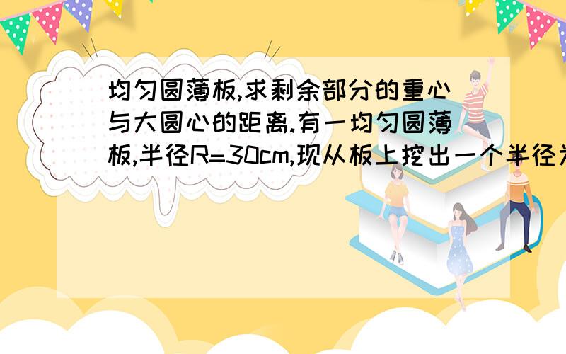 均匀圆薄板,求剩余部分的重心与大圆心的距离.有一均匀圆薄板,半径R=30cm,现从板上挖出一个半径为r=15cm的内切圆,两圆半径重合.试求求剩余部分的重心与大圆心的距离.速度的+++++++++++++++++++++