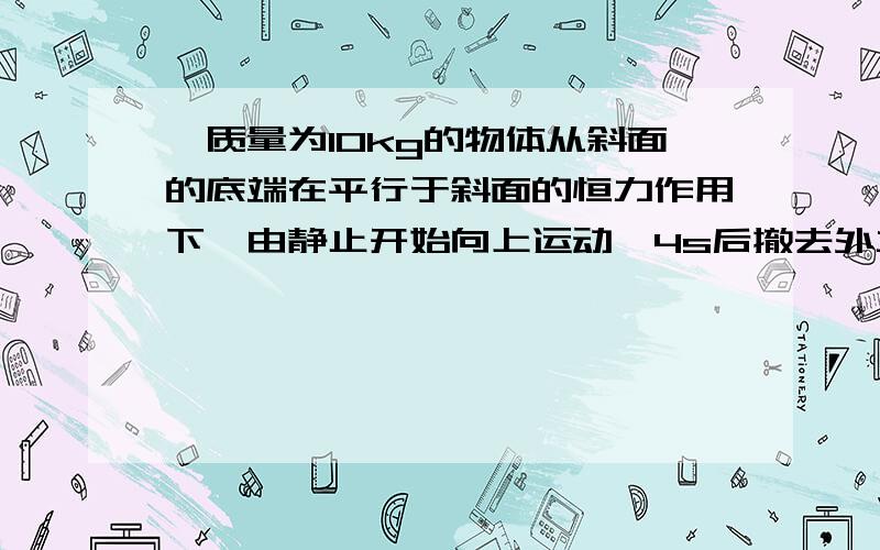 一质量为10kg的物体从斜面的底端在平行于斜面的恒力作用下,由静止开始向上运动,4s后撤去外力物体运动一段时间恰好到达斜面的最高点.从物体运动开始计时,下表给出了某些时刻物体的瞬时