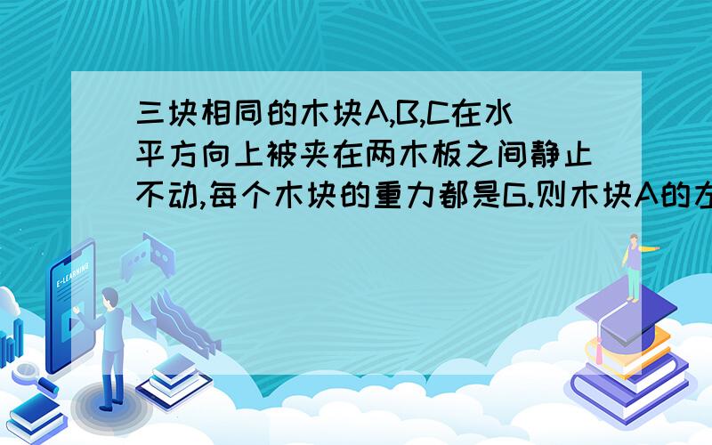 三块相同的木块A,B,C在水平方向上被夹在两木板之间静止不动,每个木块的重力都是G.则木块A的左侧受到的静摩擦力f1=为什么?