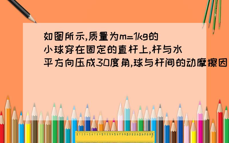 如图所示,质量为m=1kg的小球穿在固定的直杆上,杆与水平方向压成30度角,球与杆间的动摩擦因素u=根号3/6当小球受到竖直向上的拉力F=20N时,小球沿杆上滑的加速度为多少?（g=10m/s)要过程