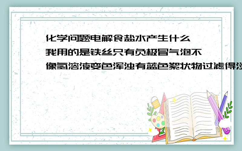 化学问题电解食盐水产生什么 我用的是铁丝只有负极冒气泡不像氢溶液变色浑浊有蓝色絮状物过滤得淡黄色溶液