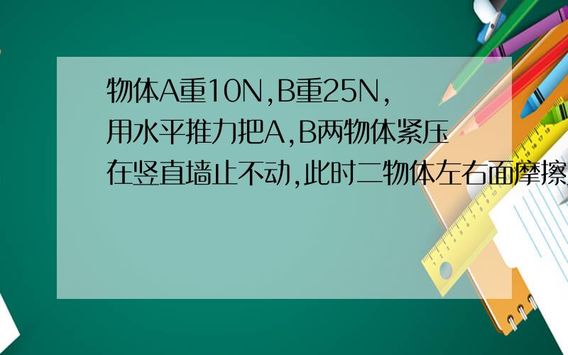 物体A重10N,B重25N,用水平推力把A,B两物体紧压在竖直墙止不动,此时二物体左右面摩擦力各为多少?