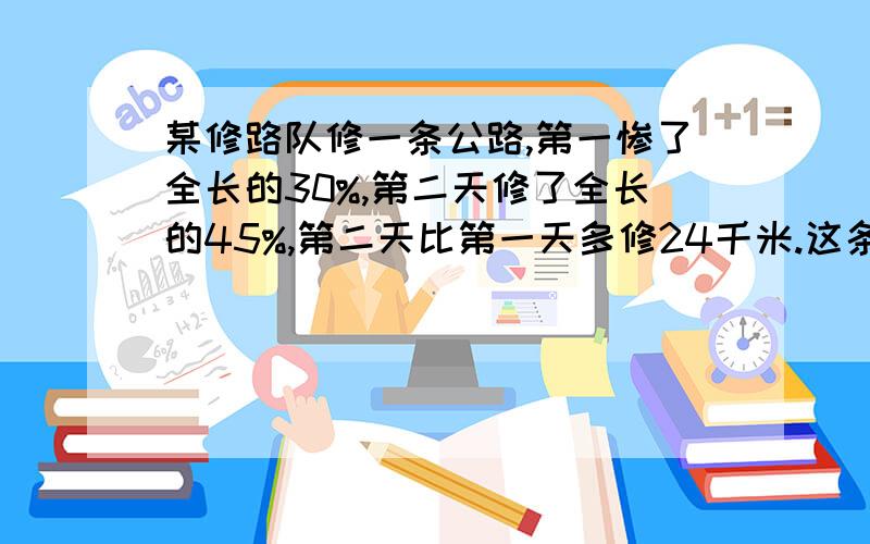 某修路队修一条公路,第一惨了全长的30%,第二天修了全长的45%,第二天比第一天多修24千米.这条公路有多长?