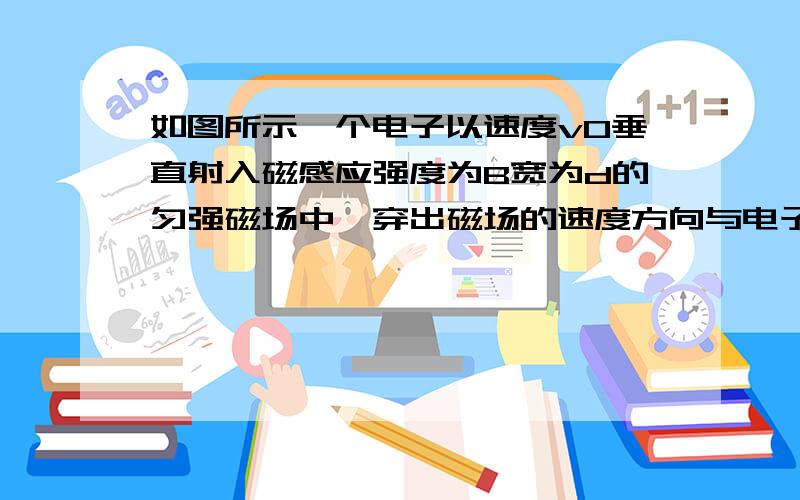 如图所示一个电子以速度v0垂直射入磁感应强度为B宽为d的匀强磁场中,穿出磁场的速度方向与电子原来射入方向的夹角为30°求电子的质量 穿过磁场的时间