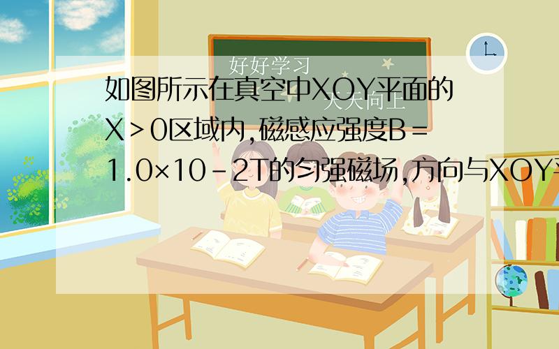 如图所示在真空中XOY平面的X＞0区域内,磁感应强度B＝1.0×10-2T的匀强磁场,方向与XOY平面垂直,在X轴上P（10,0）点,有一放射源,在XOY平面内各个方向发射速度v＝1.0×104m/s的带正电的粒子粒子质量m