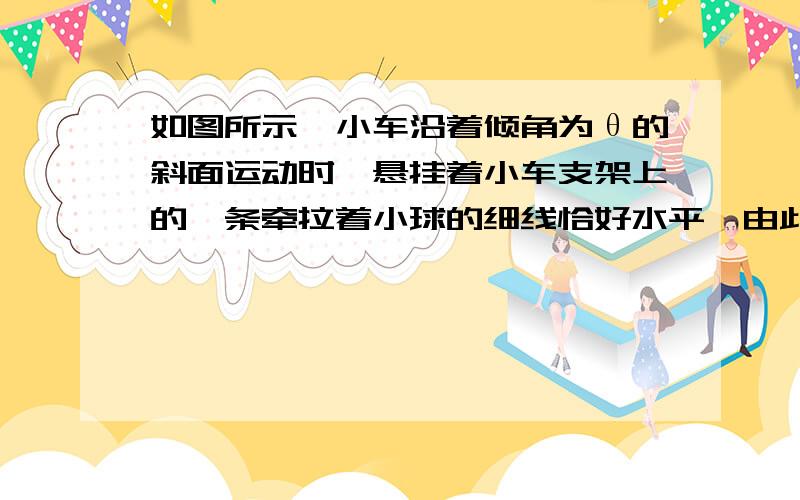 如图所示,小车沿着倾角为θ的斜面运动时,悬挂着小车支架上的一条牵拉着小球的细线恰好水平,由此可知,小车运动的加速度为多大?