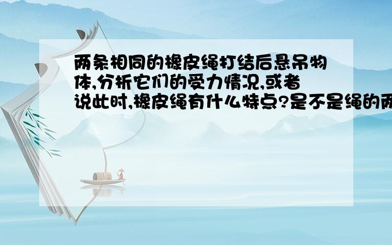 两条相同的橡皮绳打结后悬吊物体,分析它们的受力情况,或者说此时,橡皮绳有什么特点?是不是绳的两端各承重一半？什么情况下又不是这样呢？在线Wait>>>>>>>>>>>