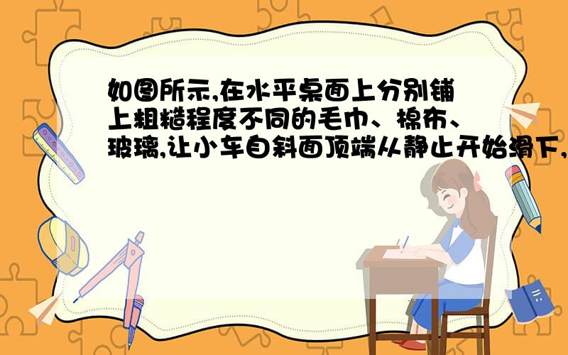 如图所示,在水平桌面上分别铺上粗糙程度不同的毛巾、棉布、玻璃,让小车自斜面顶端从静止开始滑下,在探究“力对物体运动的影响”的实验中,在水平桌面上分别铺上粗糙程度不同的毛巾、