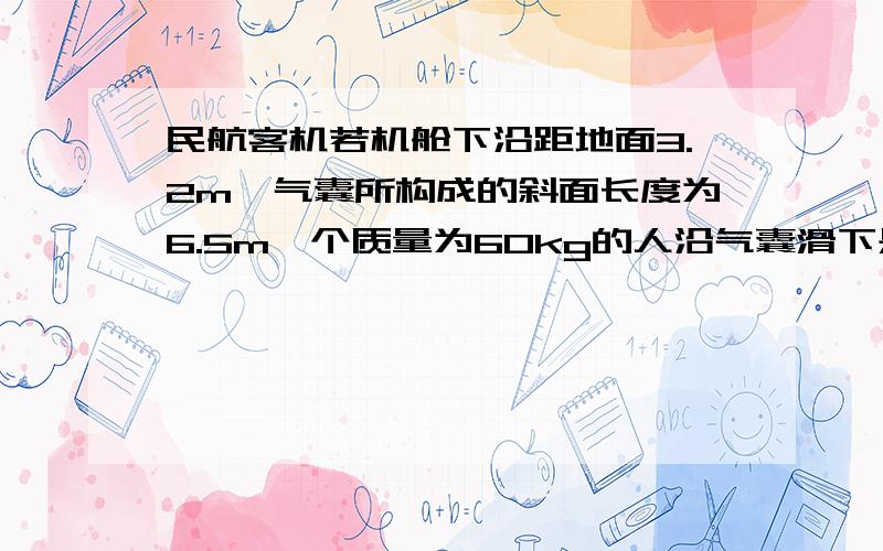 民航客机若机舱下沿距地面3.2m,气囊所构成的斜面长度为6.5m一个质量为60kg的人沿气囊滑下是所受的阻力是240N,人滑至气囊底端时的速度有多大