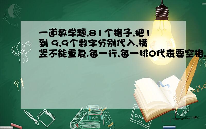 一道数学题,81个格子,把1到 9,9个数字分别代入,横竖不能重复.每一行,每一排0代表要空格,1——9,9个数字,不能重复.050080040 400906005003000100 060403010 700010009 080605070 001000200 900107004 070040060