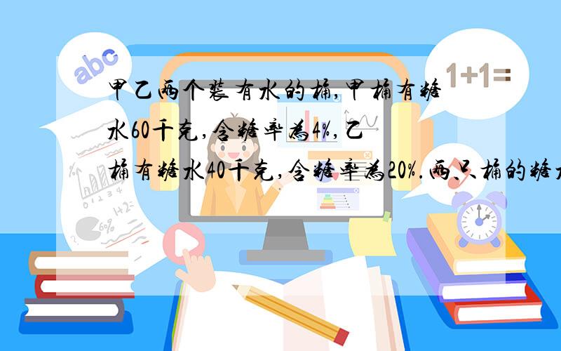 甲乙两个装有水的桶,甲桶有糖水60千克,含糖率为4%,乙桶有糖水40千克,含糖率为20%.两只桶的糖水混合在一起,共含糖多少千克?