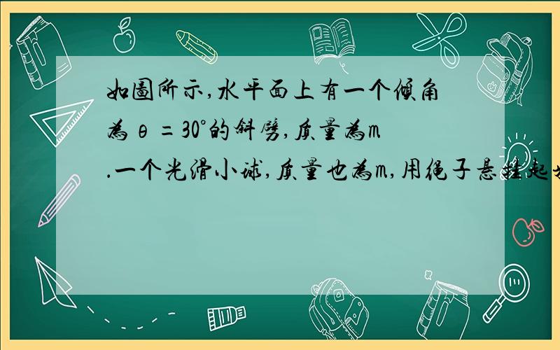 如图所示,水平面上有一个倾角为θ=30°的斜劈,质量为m．一个光滑小球,质量也为m,用绳子悬挂起来,绳子与斜面的夹角为α=30°,整个系统处于静止状态．（1）分别画出小球和斜劈的受力图；（2