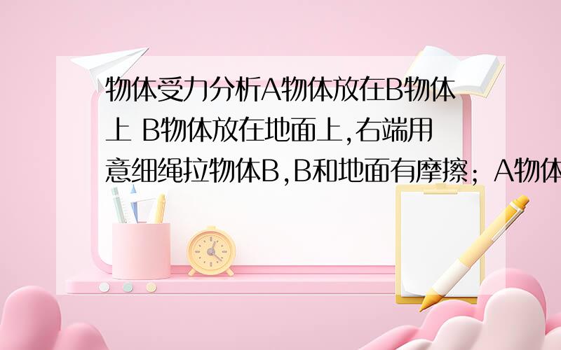 物体受力分析A物体放在B物体上 B物体放在地面上,右端用意细绳拉物体B,B和地面有摩擦；A物体的左端用意细绳拉着,细绳的左端固定在墙面上,A,B之间有摩擦,若用力拉物体不向右运动,请分析物