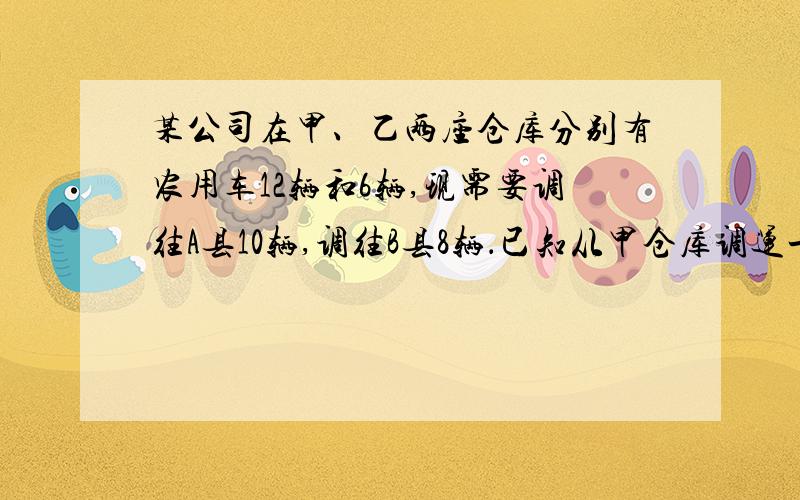 某公司在甲、乙两座仓库分别有农用车12辆和6辆,现需要调往A县10辆,调往B县8辆．已知从甲仓库调运一辆农用车到A县和B县的运费分别为40元和80元,从乙仓库调运一辆农用车到A县和B县的运费分