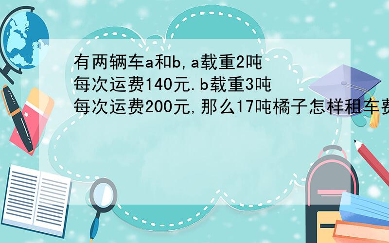 有两辆车a和b,a载重2吨 每次运费140元.b载重3吨每次运费200元,那么17吨橘子怎样租车费最少最少费用多少