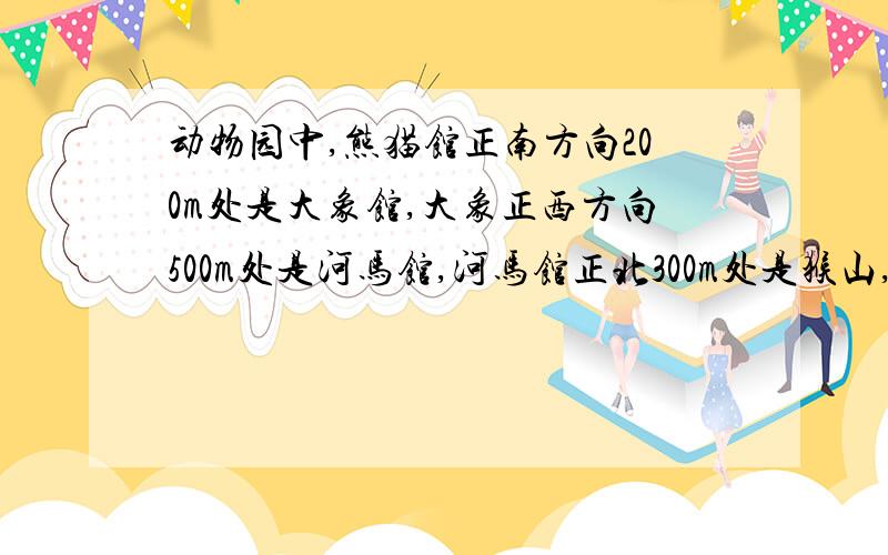 动物园中,熊猫馆正南方向200m处是大象馆,大象正西方向500m处是河马馆,河马馆正北300m处是猴山,猴山正东400m是猩猩馆.请你先确定比例尺,再画出上述地点的平面图.