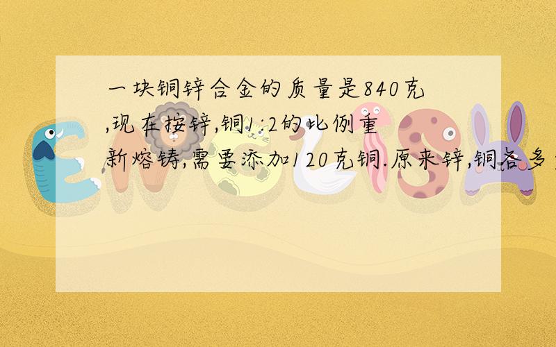 一块铜锌合金的质量是840克,现在按锌,铜1:2的比例重新熔铸,需要添加120克铜.原来锌,铜各多少克?不要方程