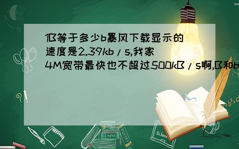 1B等于多少b暴风下载显示的速度是2.39kb/s,我家4M宽带最快也不超过500kB/s啊,B和b不是一个单位吧,是怎么换算的啊?