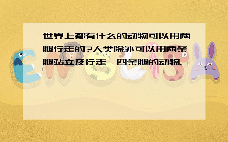 世界上都有什么的动物可以用两腿行走的?人类除外可以用两条腿站立及行走,四条腿的动物.