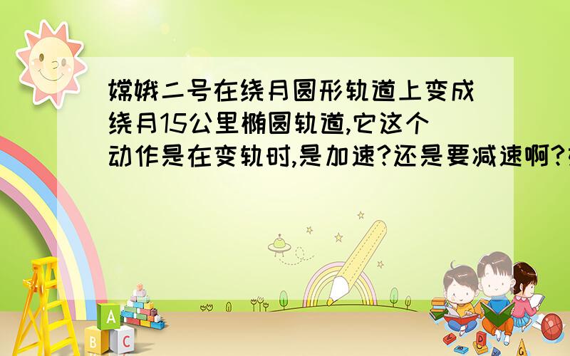 嫦娥二号在绕月圆形轨道上变成绕月15公里椭圆轨道,它这个动作是在变轨时,是加速?还是要减速啊?如果是加速度,,在哪里加速呢?近月点还是远月点呢?工作完了,又回到圆形的100公里的圆轨道,,