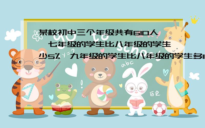 某校初中三个年级共有610人,七年级的学生比八年级的学生少5%,九年级的学生比八年级的学生多10%,