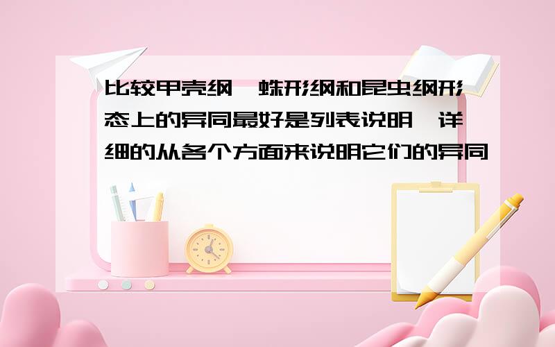 比较甲壳纲、蛛形纲和昆虫纲形态上的异同最好是列表说明,详细的从各个方面来说明它们的异同