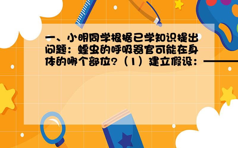 一、小明同学根据已学知识提出问题：蝗虫的呼吸器官可能在身体的哪个部位?（1）建立假设：——————（2）设计实验方案：把甲蝗虫的头部浸入水中；把乙蝗虫的腹部浸入水中.（3）