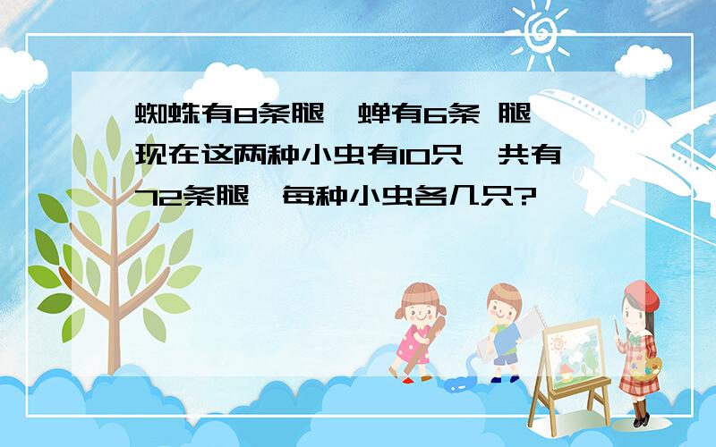 蜘蛛有8条腿,蝉有6条 腿,现在这两种小虫有10只,共有72条腿,每种小虫各几只?