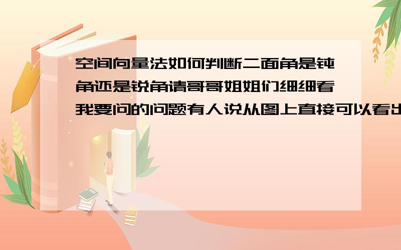 空间向量法如何判断二面角是钝角还是锐角请哥哥姐姐们细细看我要问的问题有人说从图上直接可以看出二面角是钝角还是锐角 可是我始终感觉不保准也 看不太出来 两个面所成的叫取决于